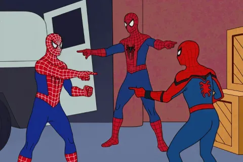 Three Spiderman characters pointing at each other in a humorous scene.