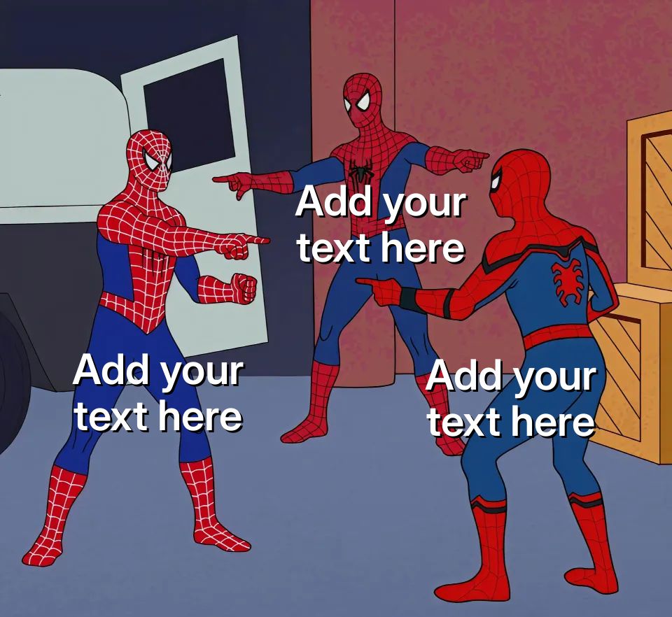 Three Spiderman characters pointing at each other in a humorous scene.