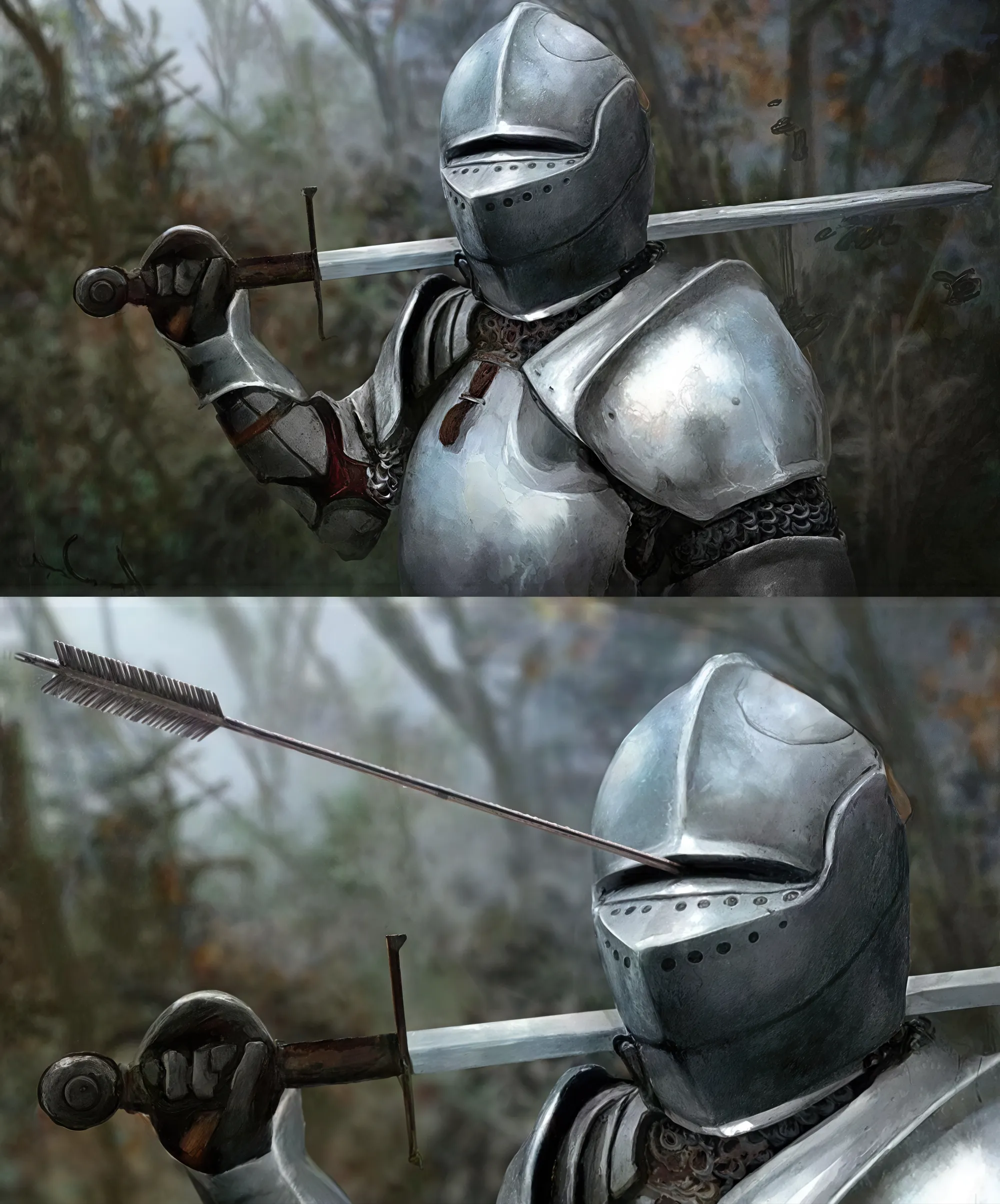 Knight in armor with an arrow through the visor, humorous meme.