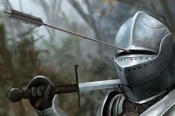 Knight in armor with an arrow through the visor, humorous meme.