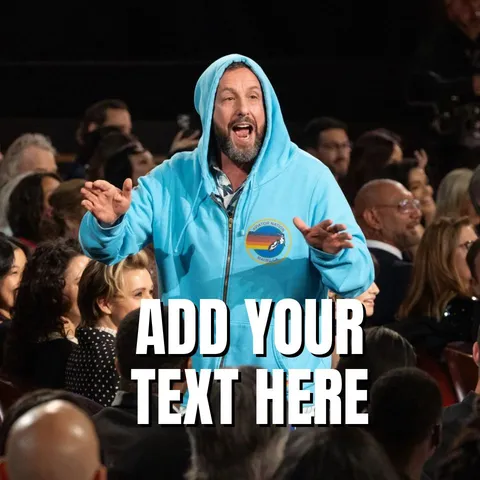 Adam Sandler in a blue hoodie at the Oscars, surrounded by audience members.