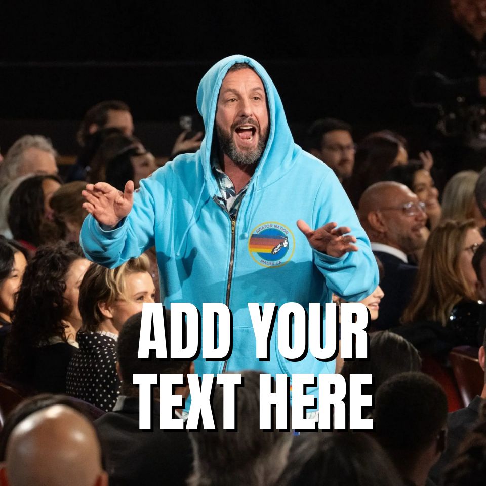 Adam Sandler in a blue hoodie at the Oscars, surrounded by audience members.