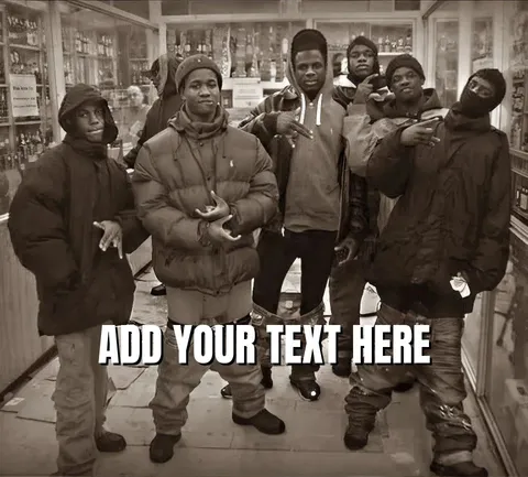 Group of young men posing in a store with serious expressions.