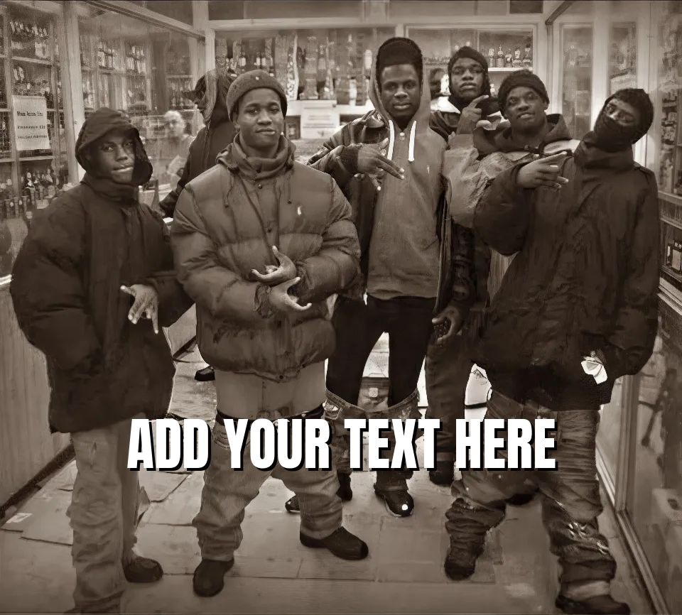 Group of young men posing in a store with serious expressions.
