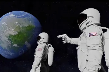 Two astronauts in space, one pointing a gun at the other, with Earth in the background.