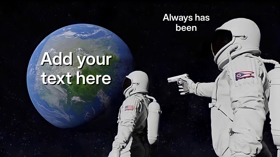 Two astronauts in space, one pointing a gun at the other, with Earth in the background.