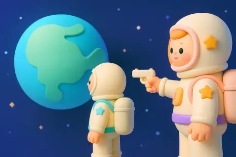 3D render of two astronauts in space, one pointing a gun at the other, with Earth in the background.