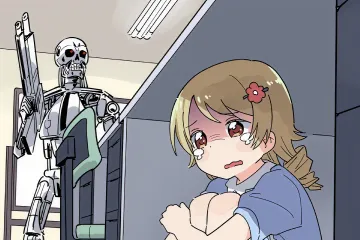 Anime girl hiding under a desk from a Terminator robot.