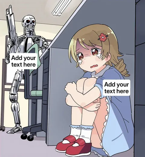 Anime girl hiding under a desk from a Terminator robot.