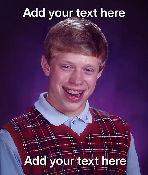 Teenager with braces and plaid vest smiling awkwardly against a purple background.