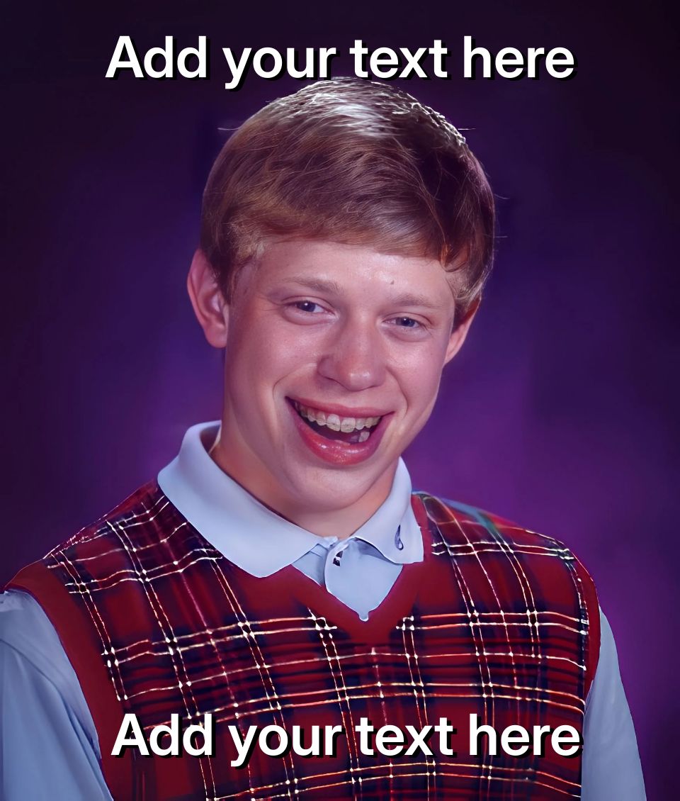 Teenager with braces and plaid vest smiling awkwardly against a purple background.