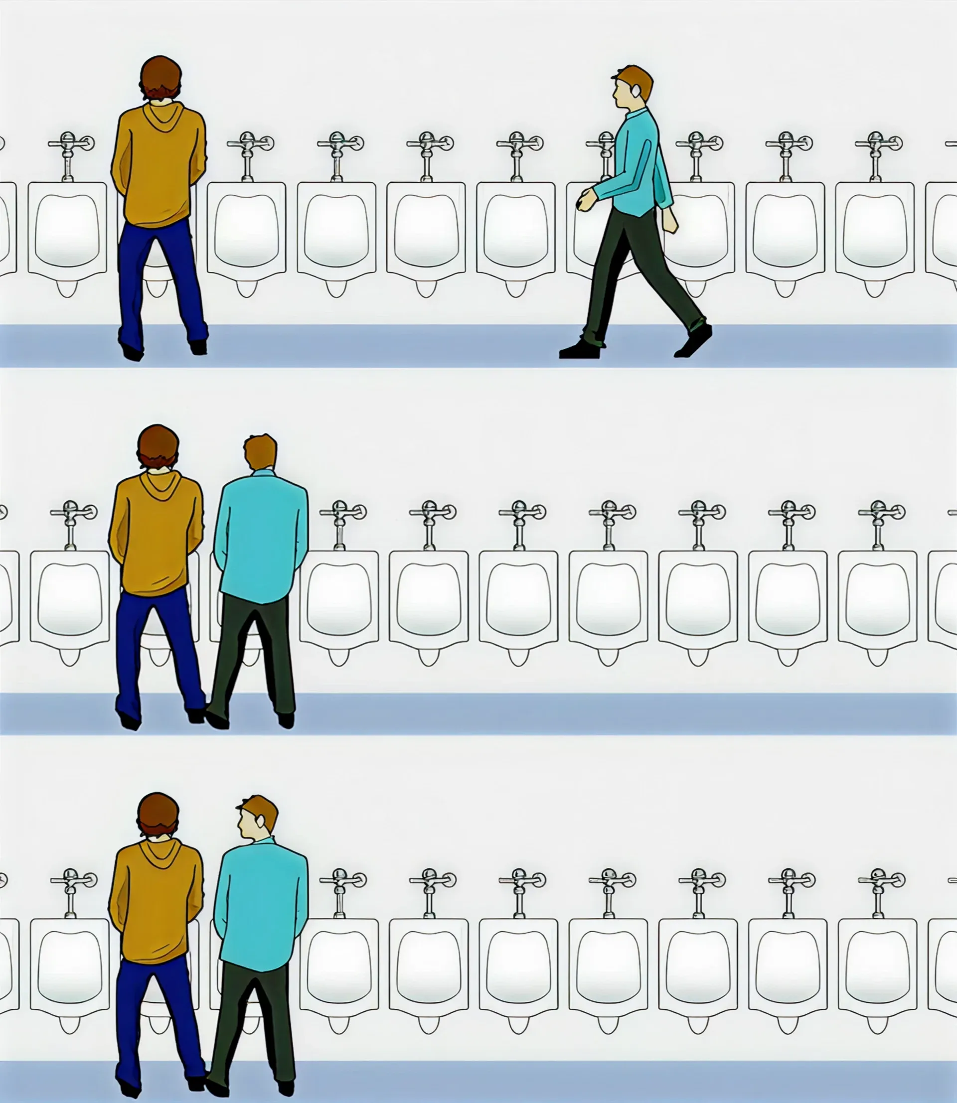 Cartoon of two men at urinals with one man awkwardly standing next to the other.