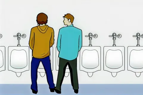 Cartoon of two men at urinals with one man awkwardly standing next to the other.