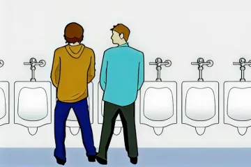Cartoon of two men at urinals with one man awkwardly standing next to the other.