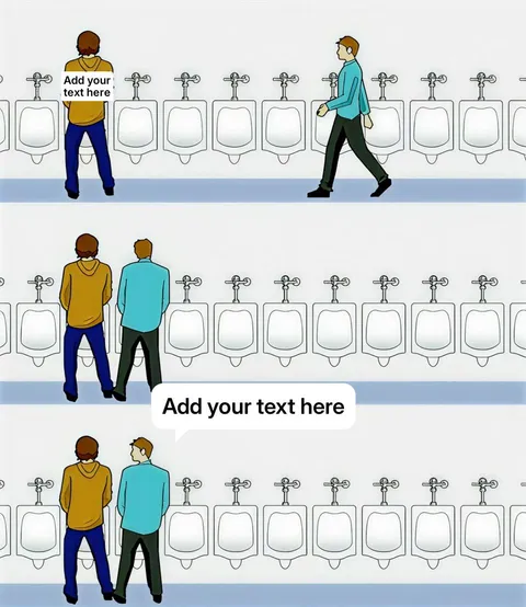 Cartoon of two men at urinals with one man awkwardly standing next to the other.