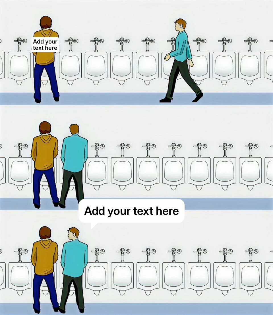 Cartoon of two men at urinals with one man awkwardly standing next to the other.
