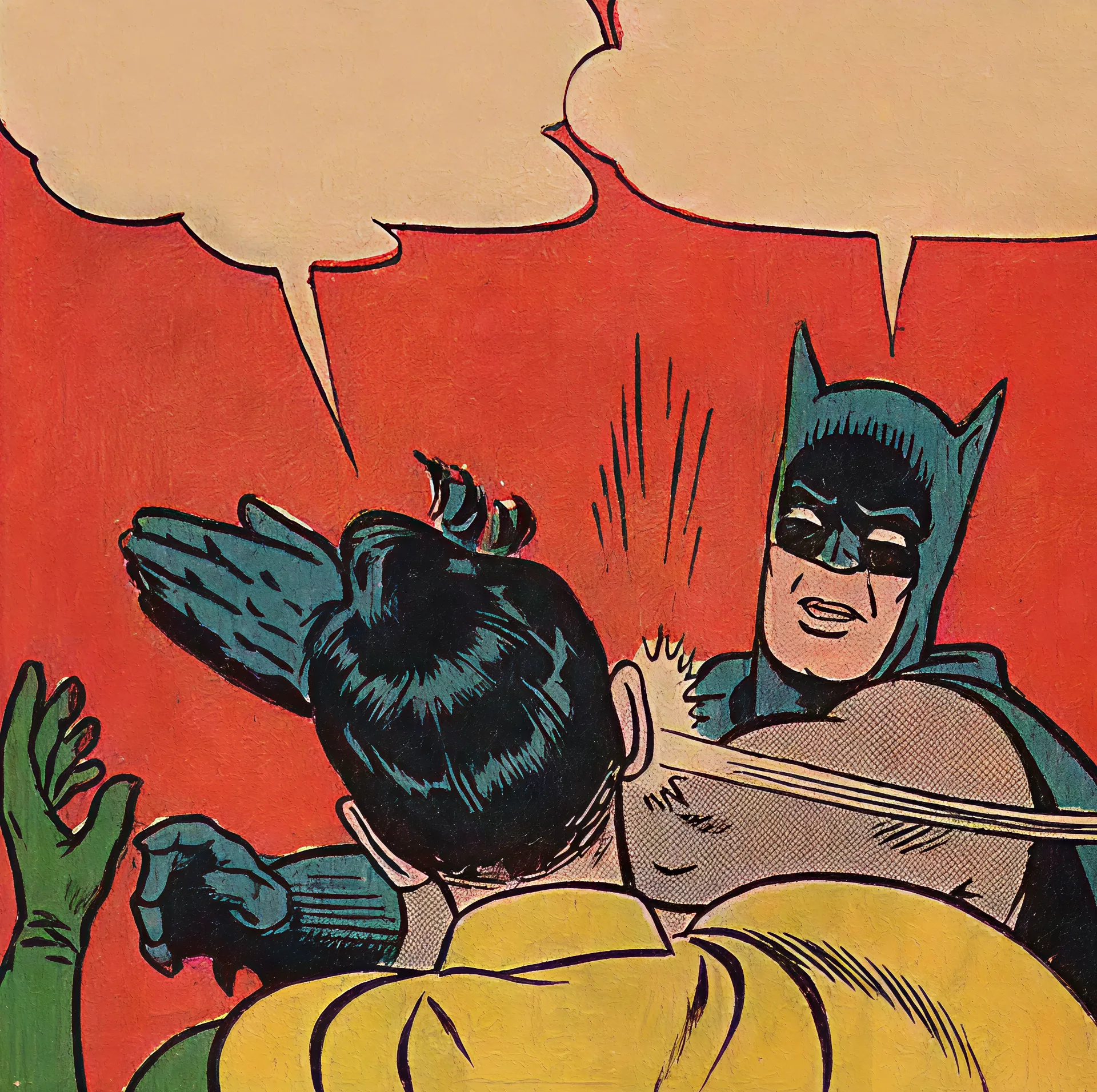 Batman slapping Robin with speech bubbles above them.