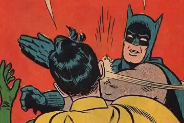 Batman slapping Robin with speech bubbles above them.