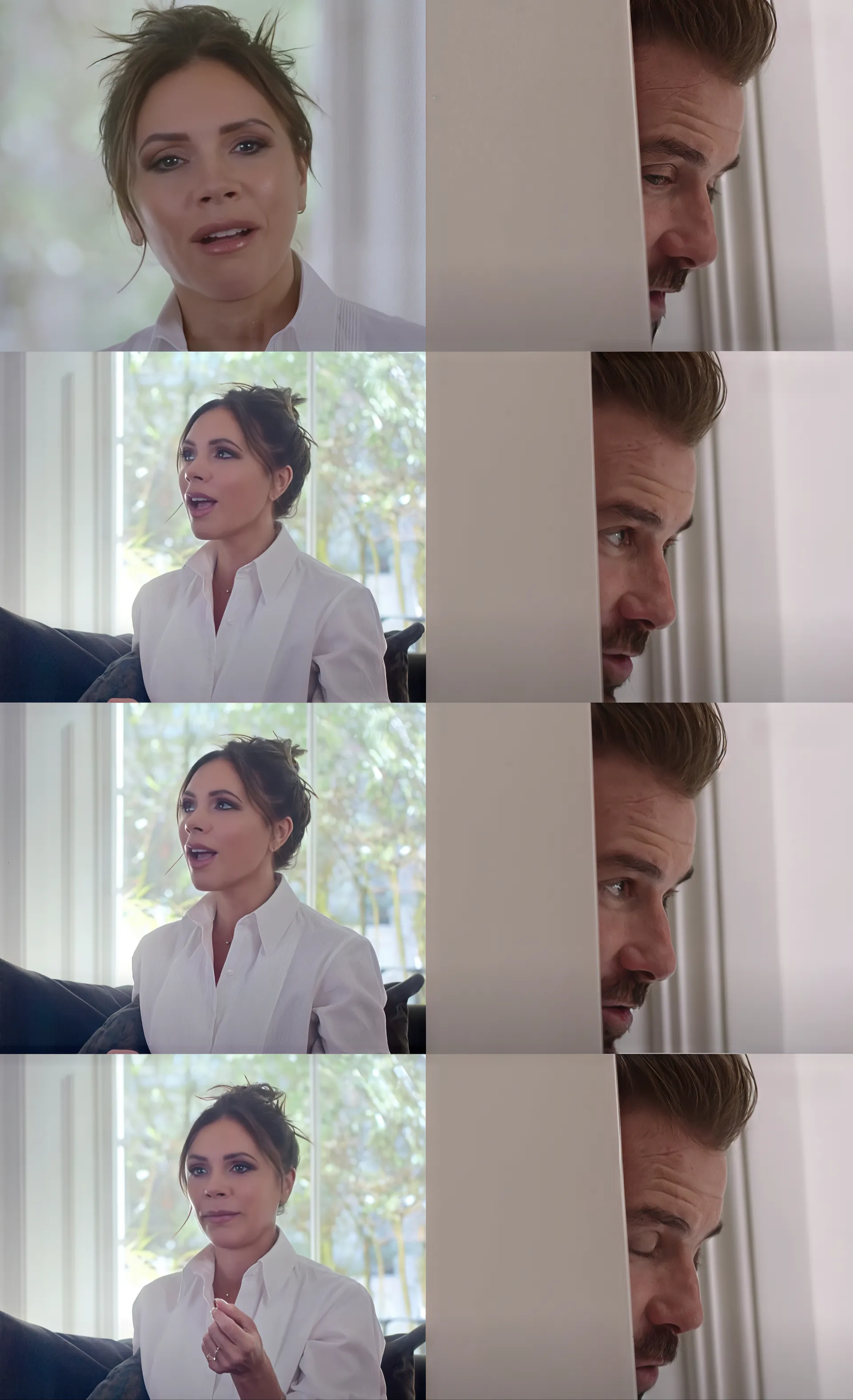 Victoria Beckham sitting on a couch with David Beckham peeking from behind a wall.