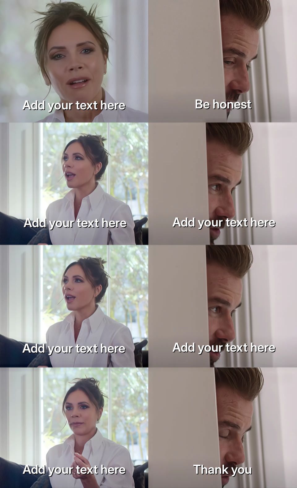 Victoria Beckham sitting on a couch with David Beckham peeking from behind a wall.