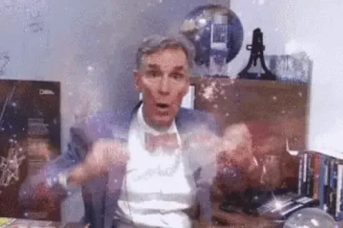 Bill Nye with an animated explosion effect, expressing surprise.