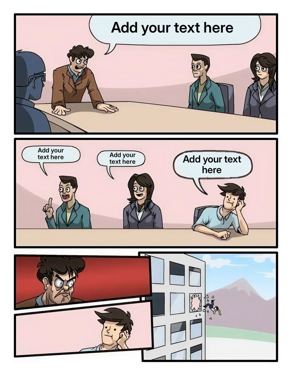 Cartoon of a boardroom meeting with a person being thrown out of a window.