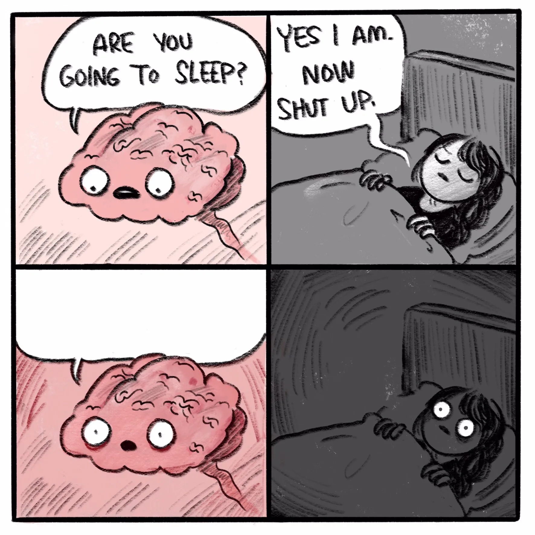 Comic strip of a brain and a person in bed, illustrating insomnia humor.