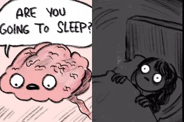 Comic strip of a brain and a person in bed, illustrating insomnia humor.