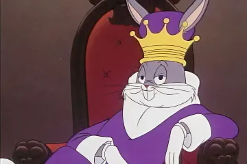 Bugs Bunny wearing a crown and royal robe, sitting on a throne.