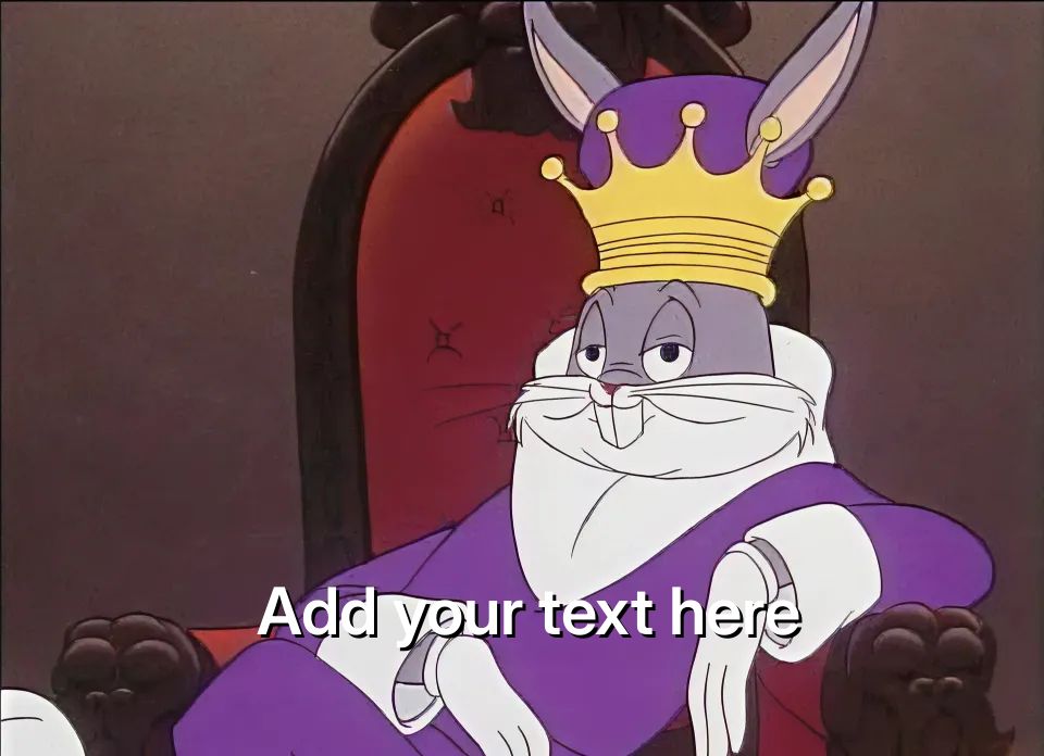 Bugs Bunny wearing a crown and royal robe, sitting on a throne.