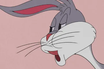 Bugs Bunny with a disapproving expression on a pink background.