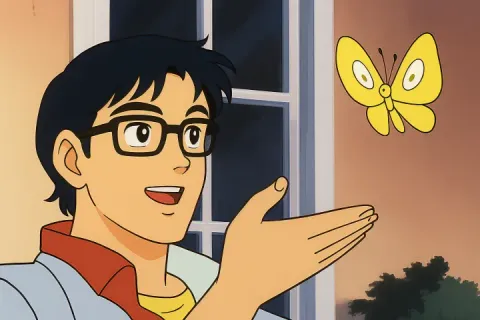 Anime character pointing at a butterfly with a questioning expression.