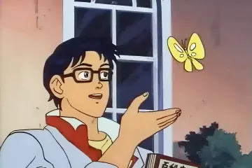 Anime character pointing at a butterfly with a questioning expression.