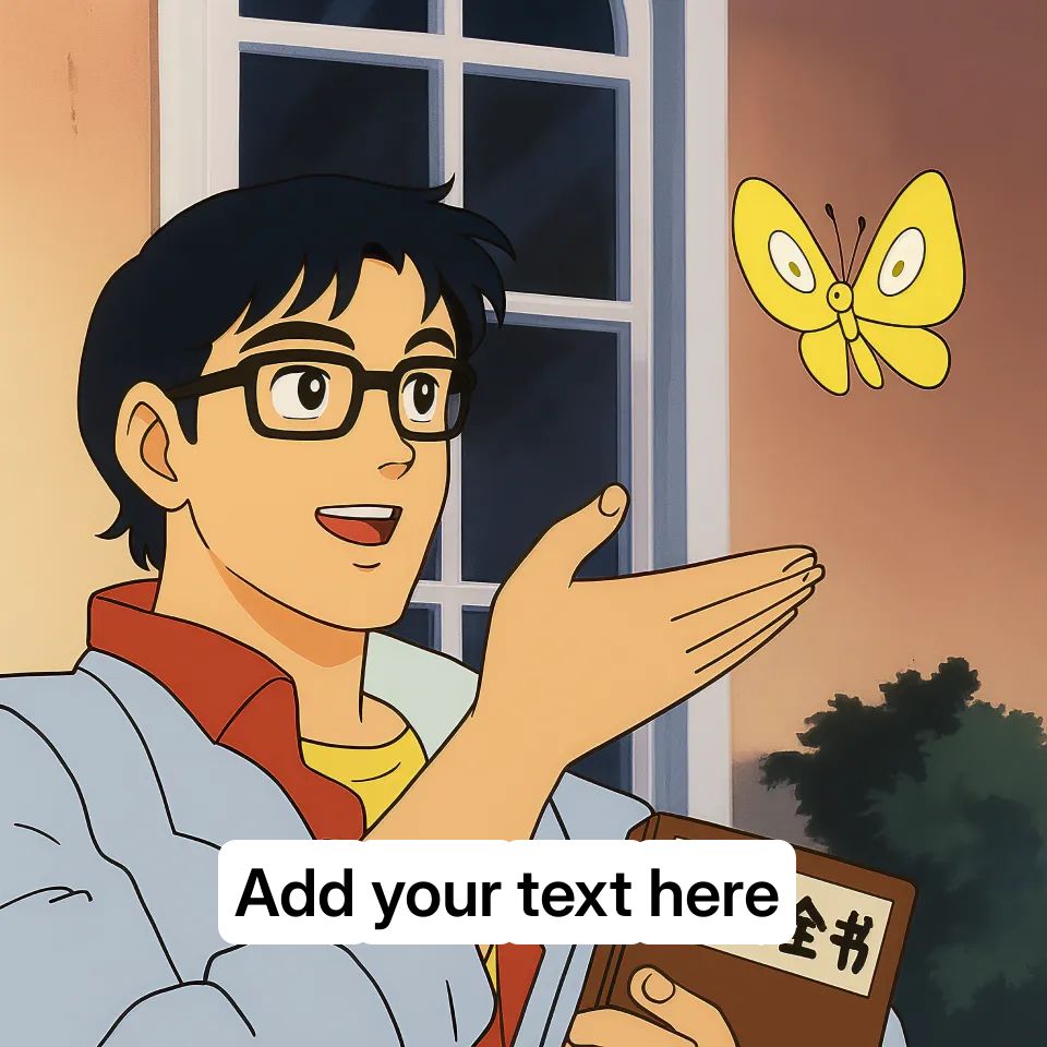 Anime character pointing at a butterfly with a questioning expression.
