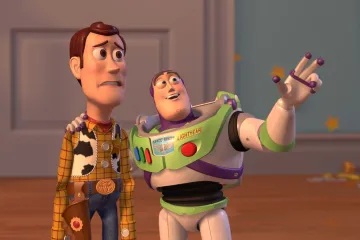 Buzz Lightyear gesturing with Woody looking concerned in a room with stars on the wall.