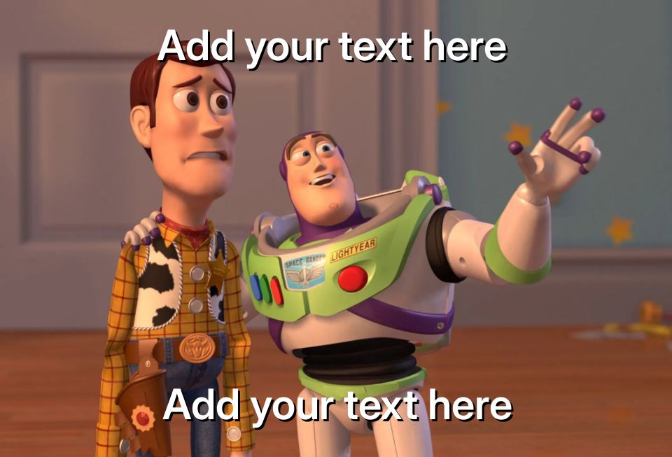 Buzz Lightyear gesturing with Woody looking concerned in a room with stars on the wall.