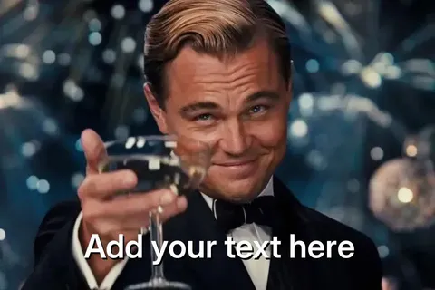 Leonardo DiCaprio in a tuxedo raising a champagne glass with a smile.