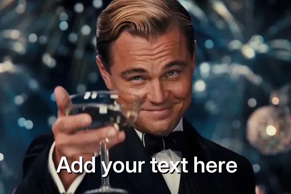 Leonardo DiCaprio in a tuxedo raising a champagne glass with a smile.