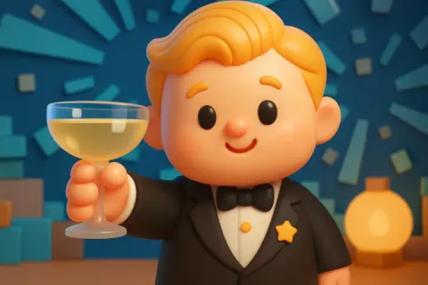 Cute 3D render of Leonardo DiCaprio in a tuxedo raising a champagne glass with a smile.