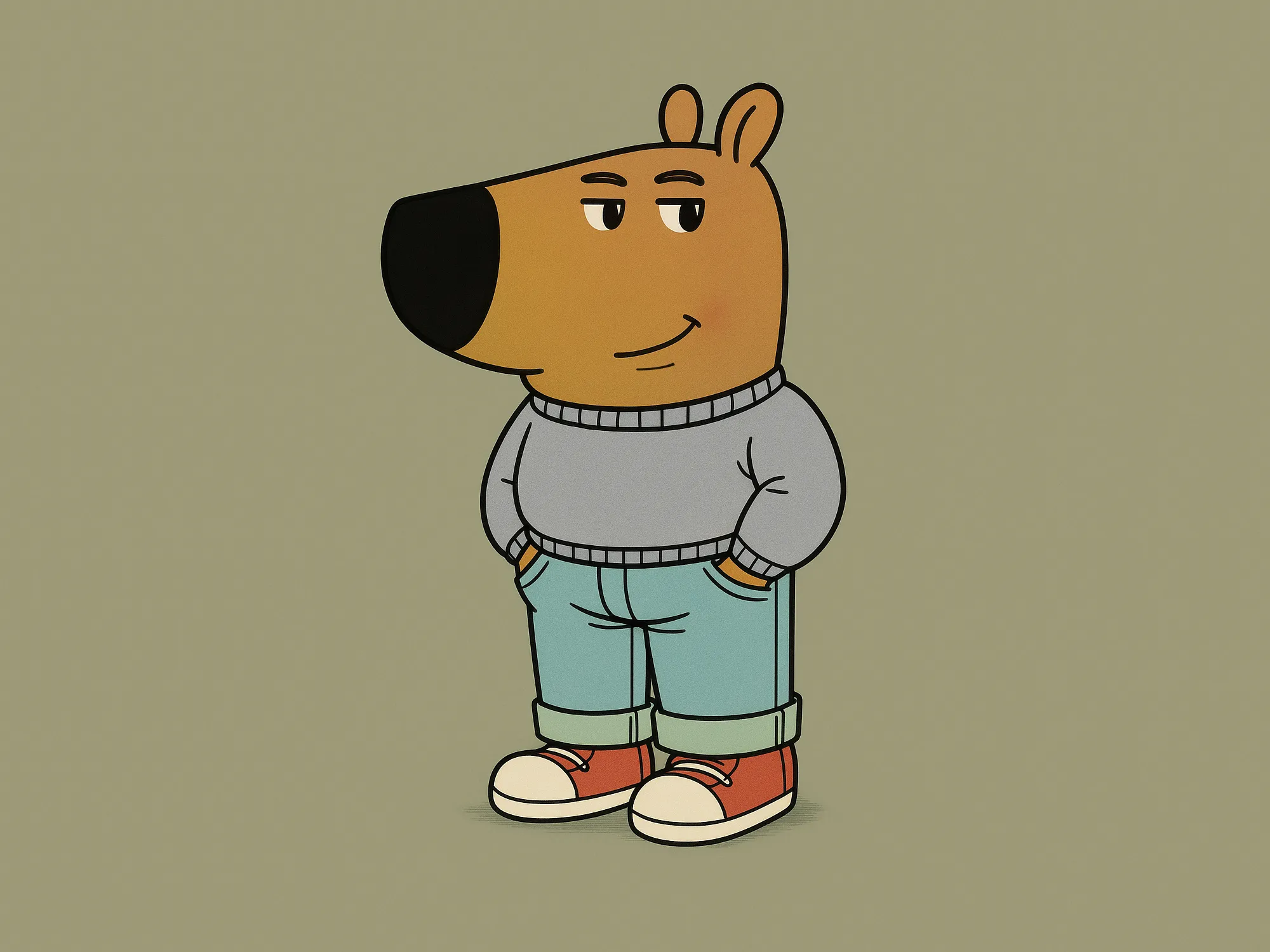 Cartoon character with a smug expression and hands in pockets.