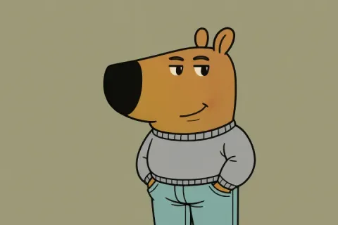 Cartoon character with a smug expression and hands in pockets.