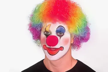 A person applying clown makeup in four stages, ending with a colorful wig.