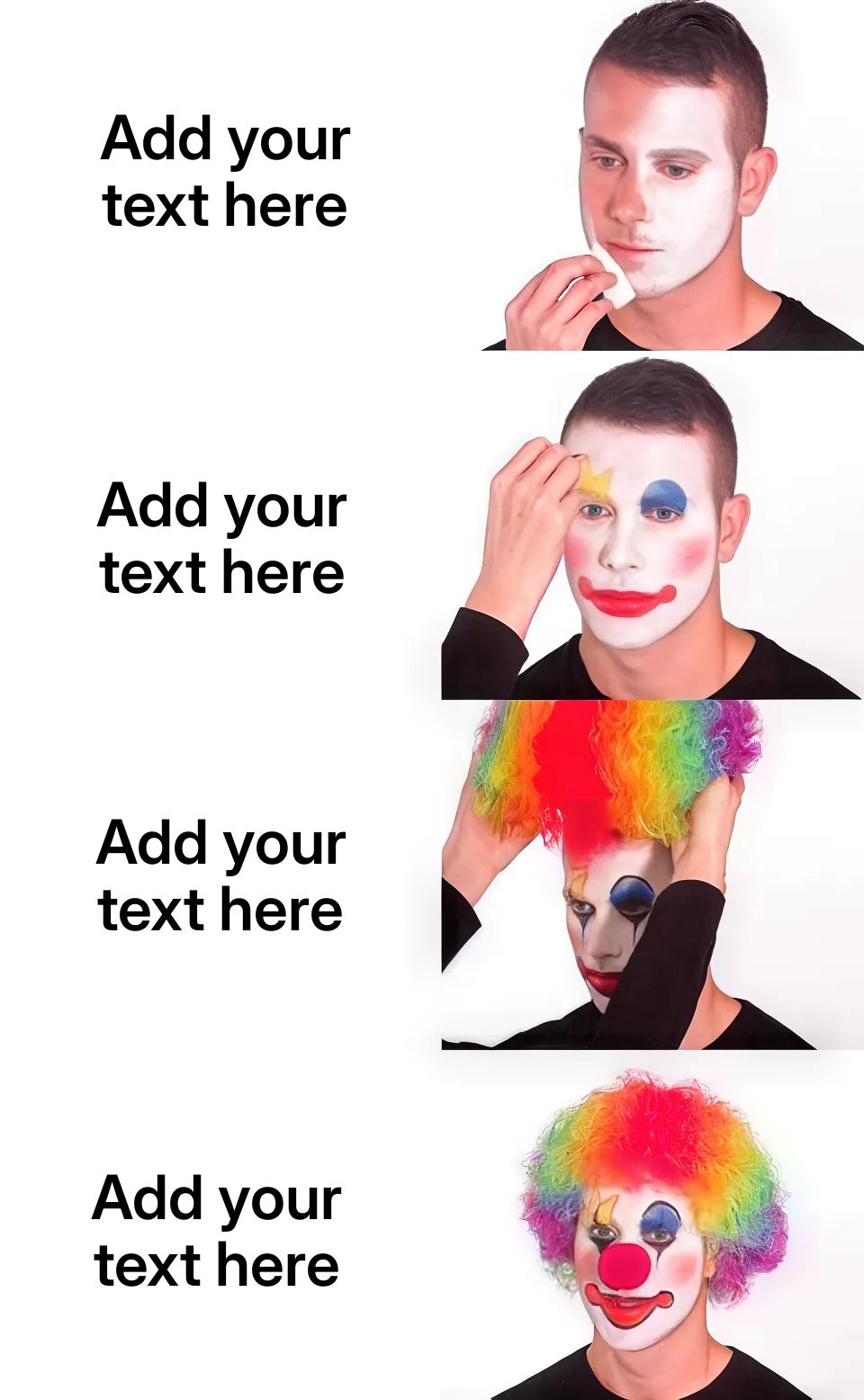 A person applying clown makeup in four stages, ending with a colorful wig.