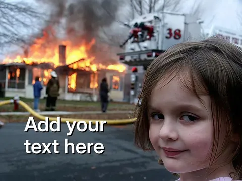Young girl smirking in foreground with burning house and firefighters in background.