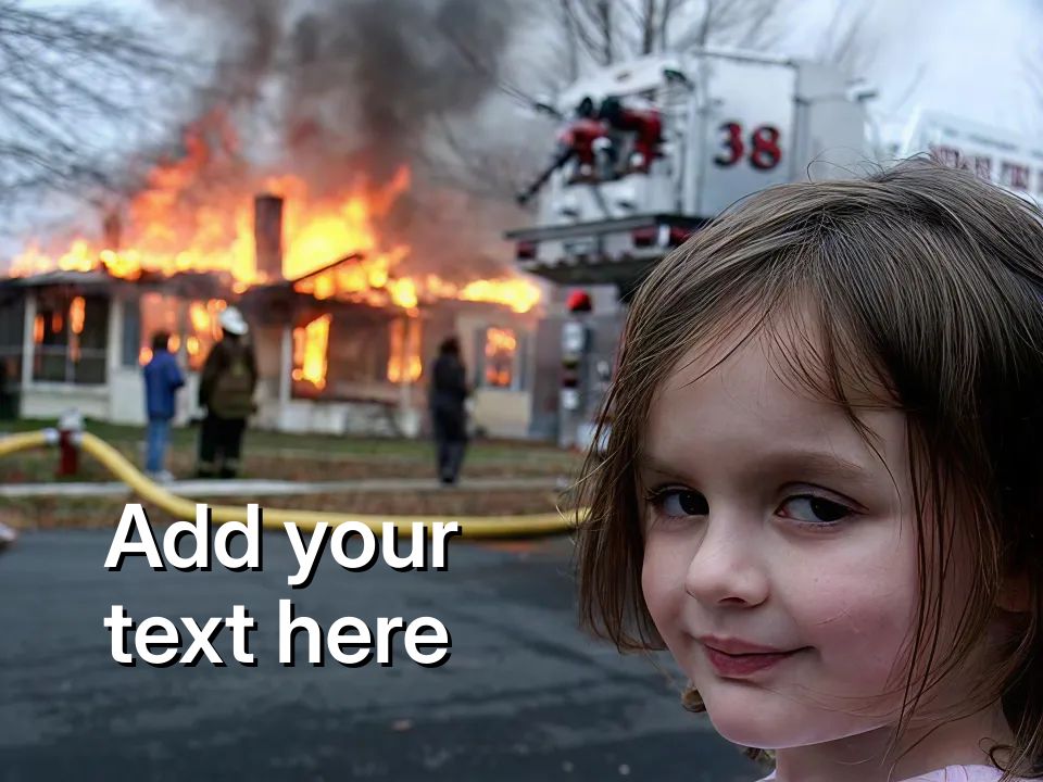 Young girl smirking in foreground with burning house and firefighters in background.