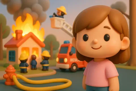 Cutre 3d-render of young girl smirking in foreground with burning house and firefighters in background.
