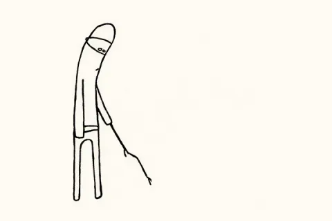 Simple drawing of a figure poking with a stick, saying 'C'mon, do something'.