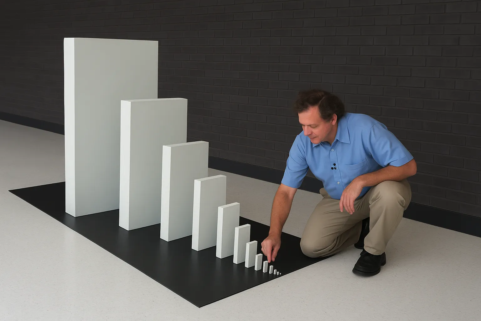 A man setting up a series of increasingly larger dominoes on a black surface.