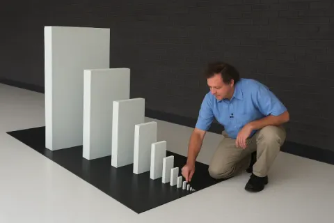 A man setting up a series of increasingly larger dominoes on a black surface.