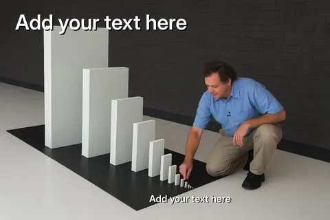 A man setting up a series of increasingly larger dominoes on a black surface.